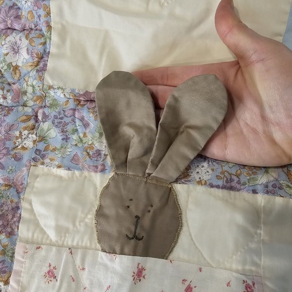 Vintage Baby Quilt Blanket Floppy Bunny Ears Hearts Blue Cream Pink Floral 44x50 - Picture 4 of 13